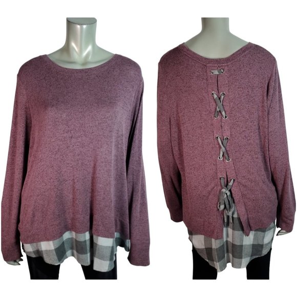 Maurices Tops - Maurices Top Plus Size 1X Lace Up Back Plaid Hem Stretch Long Sleeve Purple